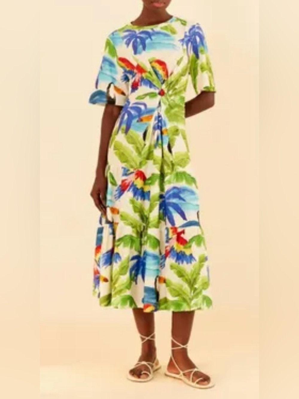 Farm Rio Tropical Floral Tie-Waist Midi Dress in White, Blue & Green Size Large